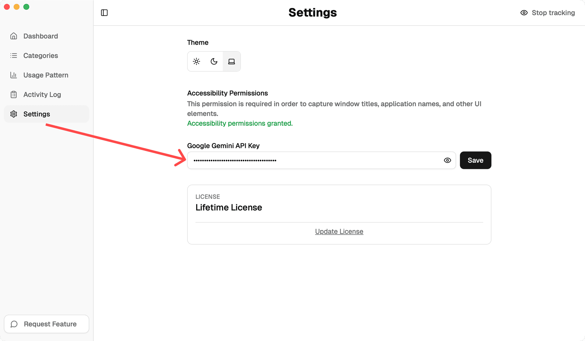 ScreenTimerAI Settings showing Google Gemini API Key configuration