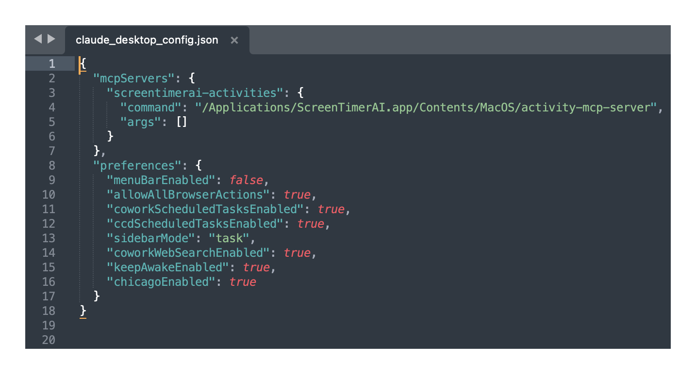 Claude desktop config file showing the screentimerai-activities MCP server entry